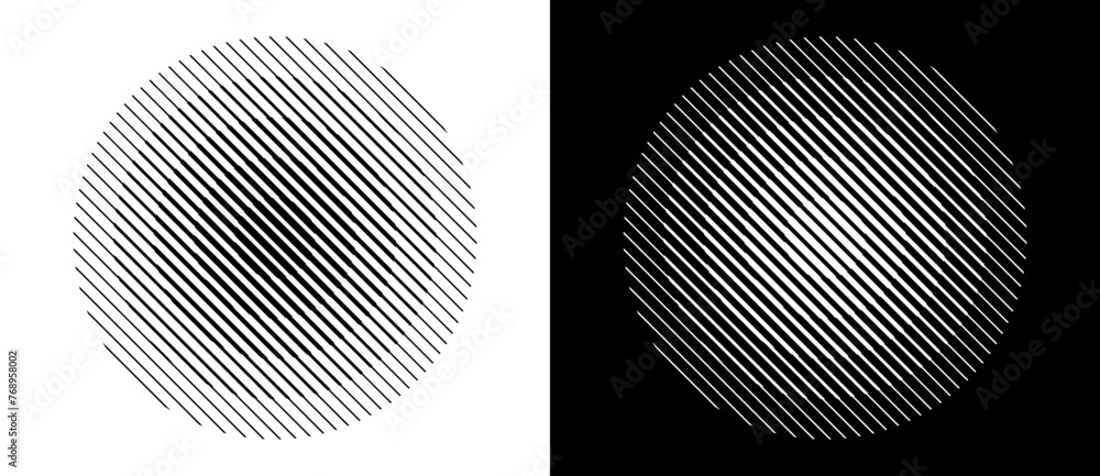 Poster Transition parallel lines in circles. Abstract art geometric background for logo, icon, tattoo. Black shape on a white background and the same white shape on the black side.