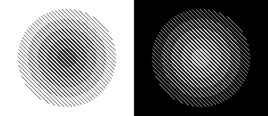 Transition parallel lines in circles. Abstract art geometric background for logo, icon, tattoo. Black shape on a white background and the same white shape on the black side.