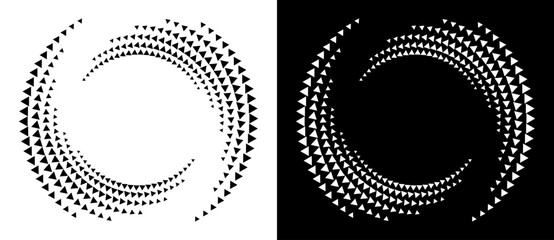 Spiral dotted background with triangles. Yin and yang style. Design element or icon. Black shape on a white background and the same white shape on the black side.