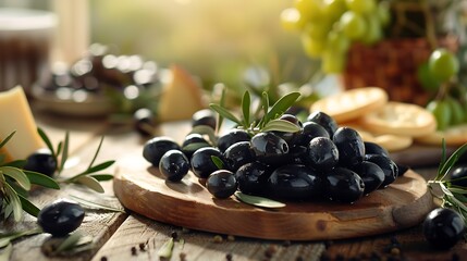 Fresh black olives on olive tree branches displayed on a wooden table in natural light