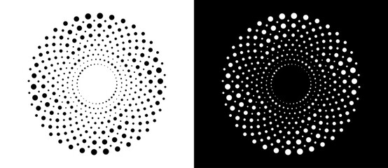 Modern abstract background. Halftone dots in circle form. Sun concept. Vector dotted frame. Design element or icon. Black shape on a white background and the same white shape on the black side. - 768958083