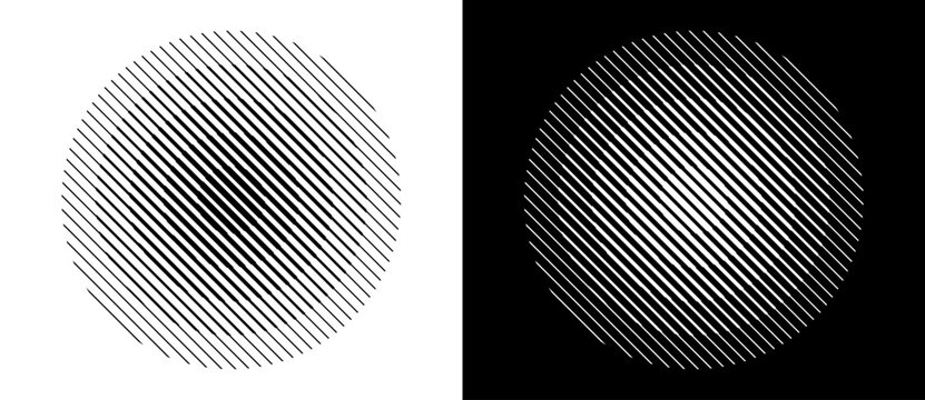 Transition parallel lines in circles. Abstract art geometric background for logo, icon, tattoo. Black shape on a white background and the same white shape on the black side.