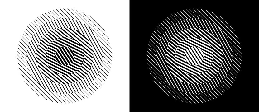 Transition parallel lines in circles. Abstract art geometric background for logo, icon, tattoo. Black shape on a white background and the same white shape on the black side.