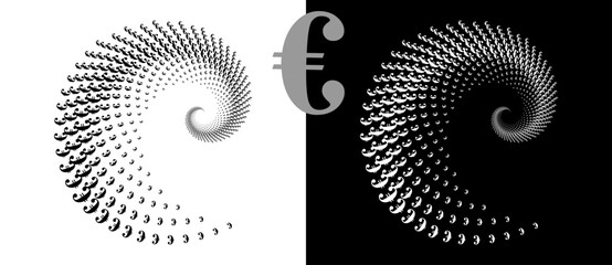 Modern abstract background. Halftone EURO sign in spiral. Round logo. Design element or icon. Black shape on a white background and the same white shape on the black side.