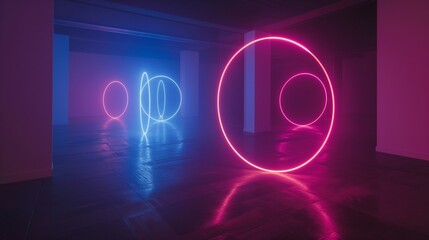 Interlocking neon circles floating in a calm void, offering a serene and contemplative atmosphere for reflection. - obrazy, fototapety, plakaty