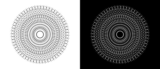 Modern abstract background. Halftone dots in circle form. Sun concept. Vector dotted frame. Design element or icon. Black shape on a white background and the same white shape on the black side. - 768958455
