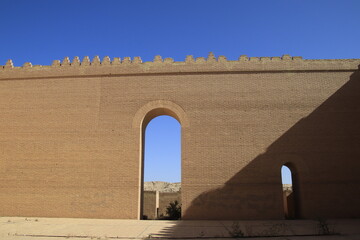 ancient city of Babylon in Iraq , ancient ruins , southern palace , old palace with blue sky 