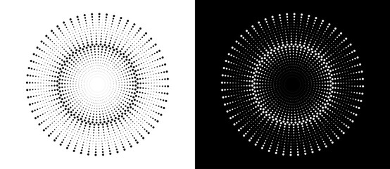 Modern abstract background. Halftone dots in circle form. Sun concept. Vector dotted frame. Design element or icon. Black shape on a white background and the same white shape on the black side. - 768958480