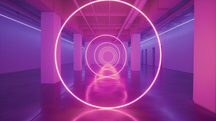 Interlocking neon circles floating in a calm void, offering a serene and contemplative atmosphere for reflection.