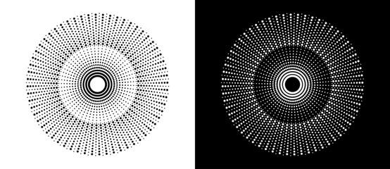 Modern abstract background. Halftone dots in circle form. Sun concept. Vector dotted frame. Design element or icon. Black shape on a white background and the same white shape on the black side. - 768958625