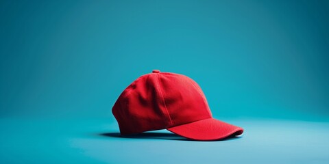 red baseball cap isolated on blue background - obrazy, fototapety, plakaty
