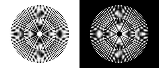 Modern abstract background. Halftone dots in circle form. Sun concept. Vector dotted frame. Design element or icon. Black shape on a white background and the same white shape on the black side. - 768958631