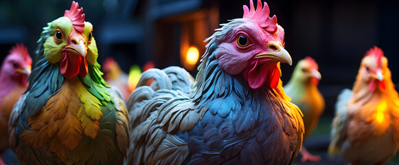 Colorful chickens in a dark farmyard. - obrazy, fototapety, plakaty