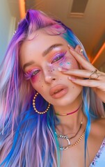 full face photo of a beautiful mixed race woman with pastel hair, colorful makeup, pink and purple eyeshadow, blue eyeliner, big hoop earrings, winged eyelashes, cat eye lashes