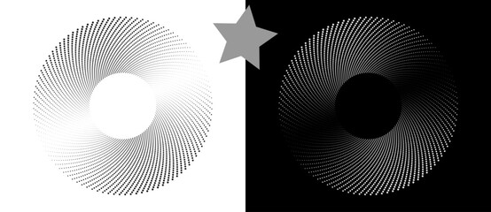 Modern abstract background. Halftone stars in circle form. Round logo. Vector dotted frame. Design element or icon. Black stars on a white background and white stars on the black side.