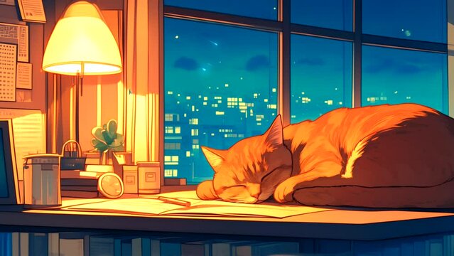 Lofi cat sleeping in cozy room with night view from outside the window. seamless looping 4k time-lapse animation video background