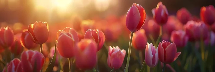 Deurstickers Radiant Red Tulips in the Warm Glow of Sunset, Contrasting with the Twilight Sky © Maksym