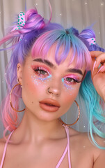 full face photo of a beautiful mixed race woman with pastel hair, colorful makeup, pink and purple eyeshadow, blue eyeliner, big hoop earrings, winged eyelashes, cat eye lashes