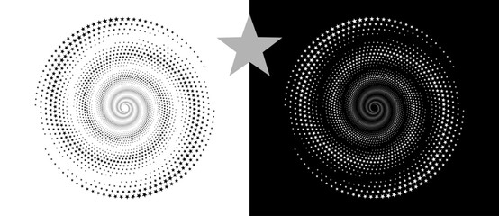 Abstract background with stars in circle. Art design spiral as logo or icon. Yin and Yang concept. A black figure on a white background and an equally white figure on the black side.