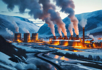 Geothermal energy plant located on steep and high terrain - obrazy, fototapety, plakaty