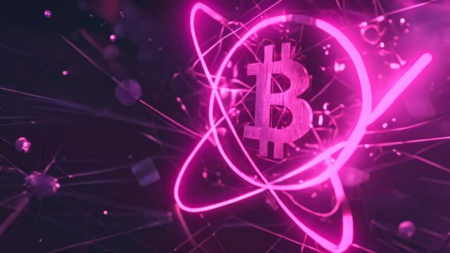 Neon glowing Bitcoin symbol with atomic structure, cryptocurrency concept on dark background with reflective surface for banner and wallpaper