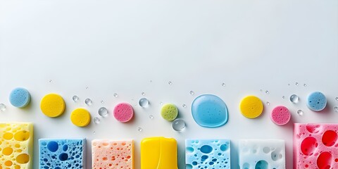 A closeup of various cleaning products and sponges neatly arranged on a white background. Concept Product Photography, Cleaning Supplies, Household Items, White Background, Neat Arrangement - obrazy, fototapety, plakaty