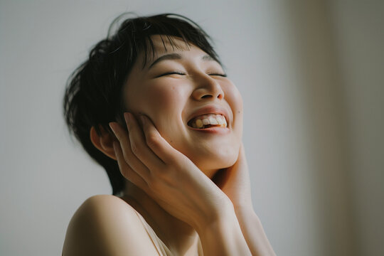 woman laughing with her hands, her head tilted back and eyes closed in joy. She has short hair styled. The background is neutral with soft lighting, highlighting her expression and skin texture.