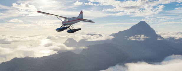 Airplane flying over mountains, lakes, and clouds. Sunny Da