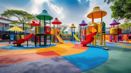 A vibrant and colorful playground under the bright sun, featuring slides, swings, and other play equipment.