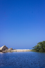 Naklejka premium Where the blue sky meets the blue sea, tranquility, sound of calm sea.