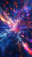 Virtual Particle Collision  High-energy particles colliding in a simulated environment, visualized with explosive colors and dynamic shapes - obrazy, fototapety, plakaty