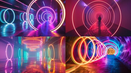 Interweaving neon circles forming an enchanting spectacle in a serene void, inviting a sense of calm introspection.