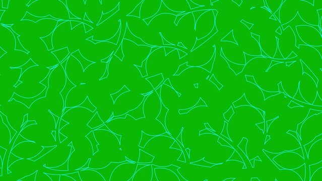 Animated linear floral background. Line blue leaves on branch is drawn gradually. Concept of gardening, ecology, nature. Vector illustration isolated on green background.