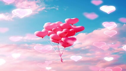 Pink floating balloons with pink wavy clouds depict the bond of love and harmony, the concept of giving and saying thanks to your beloved partner
