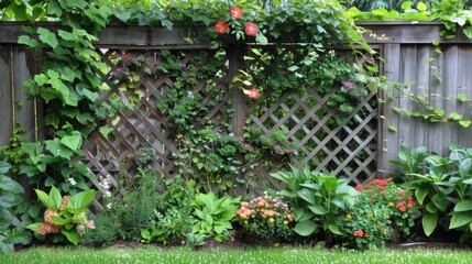 Fototapeta na wymiar Flower-Filled Garden With Wooden Fence