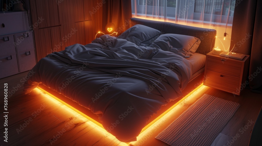 Poster Interior of a bedroom with a double bed illuminated by orange light