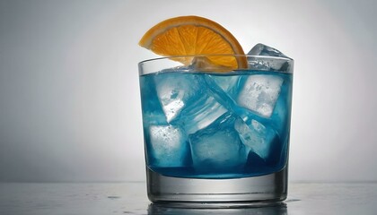 Blue Lagoon cocktail in glass with ice cubes and slice of orange