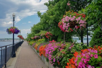 A Serene Stroll Along the Waterfront Park, Where Promenades Burst with Colorful Petunias and Geraniums in Hanging Baskets - obrazy, fototapety, plakaty