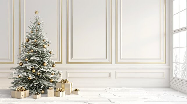 Elegant christmas tree with gold ornaments and gifts on floorfestive white holiday background
