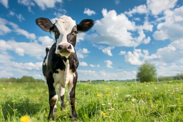 Curious Cow in Sunny Field with Blue Sky and Clouds