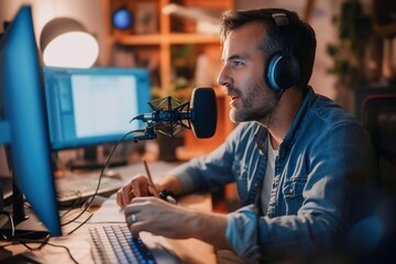 caucasian man recording sound with microphone doing podcast or broadcasting on radio