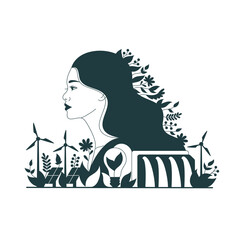 In this flat art illustration, an Asian woman's profile is adorned with green leaves and surrounded by symbols of renewable energy, embodying the Save the Planet concept.