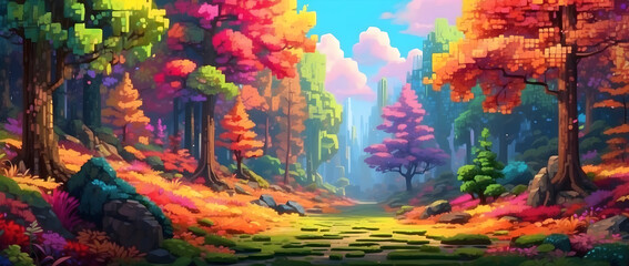 Obraz na płótnie Canvas A forest with vibrant foliage made of pixels.
