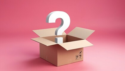 3d open goods cardboard box with white question mark symbol icon isolated on pink background