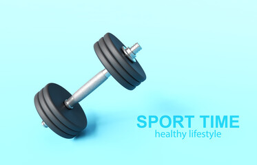 Dumbbell with black plates on blue background. 3d-rendering