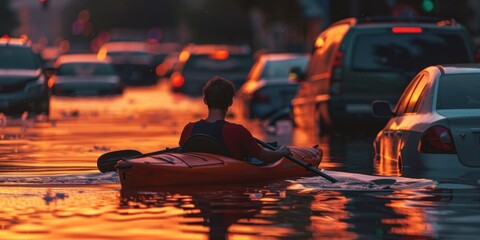 Sunset Kayak Commute in City
