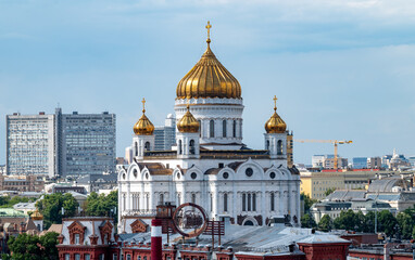 View of the Cathedral of Christ the Savior in the center of the Russian capital on a summer day.