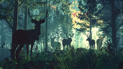 Low Poly Forest Silhouettes: A Tranquil Deer Encounter in the Digital Wilderness