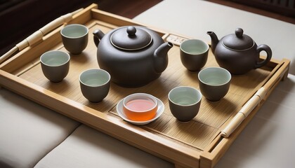Obraz na płótnie Canvas Asian tea set on bamboo tray