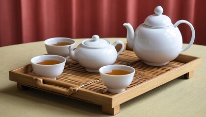 Fototapeta na wymiar Asian tea set on bamboo tray